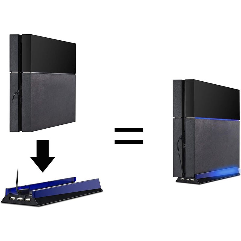 KlsyChry Stand with HUB & Blue Light for PS4, Blue Led Light Vertical Stand Base with 3 USB HUB Port for Sony PlayStation 4 PS4 Console (Black) - Image 2